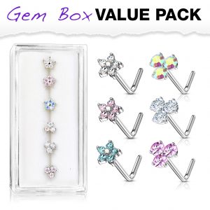 6 Pcs crystal Flower & 3 Prong Set CZ Top L Bend Nose Stud Rings Gem Box Package