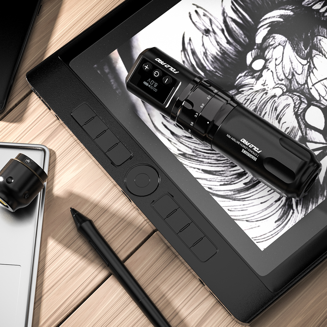 Dragonhawk Mast Tattoo Fold Pro Wireless Pen Machine 2.4-4.2mm Changeable Stroke Lengths-Black - Image 5