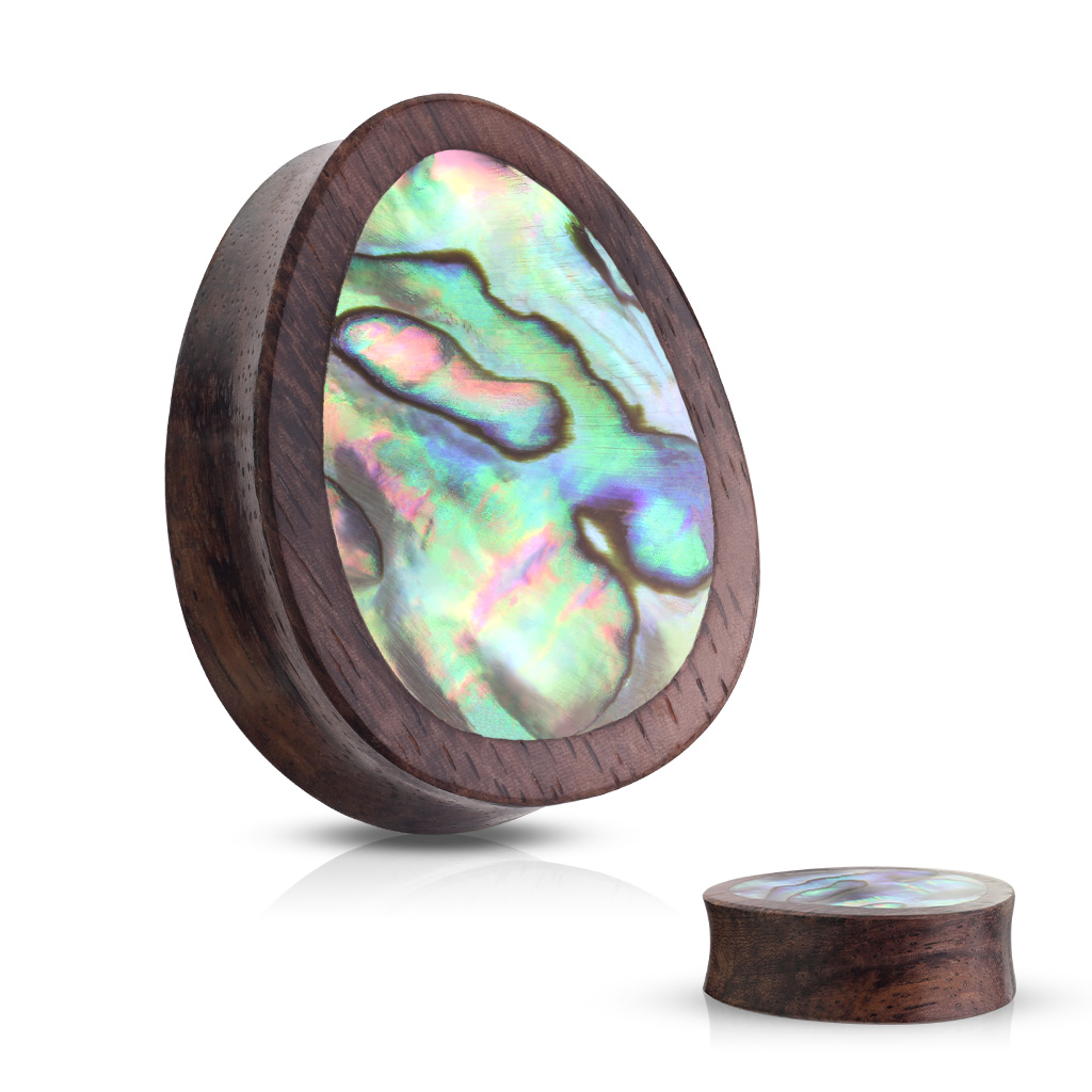 1pc- Abalone Inlaid Tear Drop Organic Sono Wood Saddle Plug