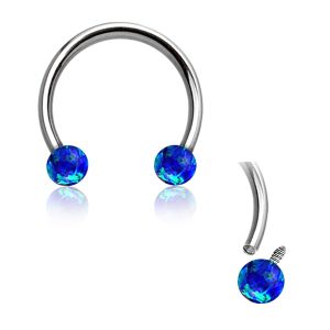 1pc- 316L Silver horseshoe with two blue synthetic opal balls