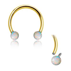 1pc- 316L PVD gold plated horseshoe with two white synthetic opal balls