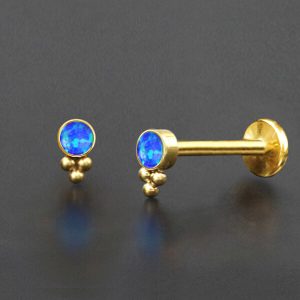 1pc- 316L Gold pvd synthetic blue opal cabochon Internally threaded Labret