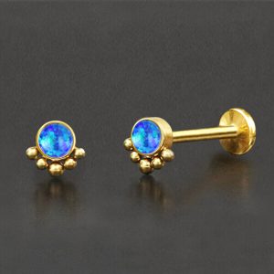 1pc- 316L Gold pvd synthetic blue opal cabochon Internally threaded Labret