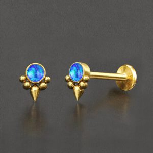 1pc- 316L Gold pvd blue opal cabochon ball and spike Internally threaded Labret