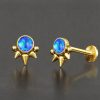 1pc- 316L Gold synthetic blue opal cabochon ball and triple spike Internally threaded Labret