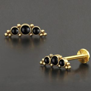 1pc- 316L Gold pvd 3 black onyx cabochons Internally threaded Labret