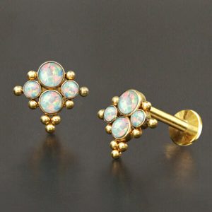 1pc- 316L Gold pvd 4 synthetic white opals Internally threaded Labret