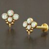 1pc- 316L Gold pvd 4 synthetic white opal cabochons & spike bottom Internally threaded Labret
