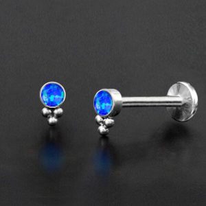 1pc- 316L synthetic blue opal cabochon Internally threaded Labret