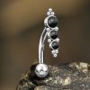 1pc- 316L steel silver Navel Bar with black onyx and silver ball clusters