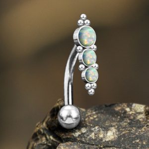 1pc- 316L steel silver Navel Bar with white opal and silver ball clusters