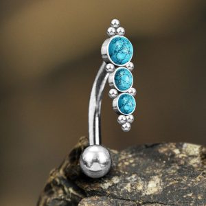 1pc- 316L steel silver Navel Bar with Turquoise and silver ball clusters