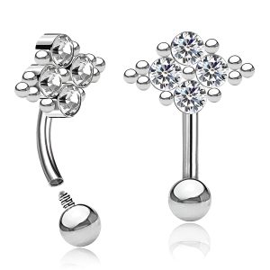 1pc- 316L Steel with 4 clear crystals and silver balls Curved barbell