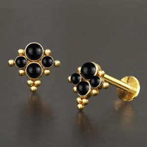 1pc- 316L Gold pvd 4 synthetic black onyx cabochons Internally threaded Labret