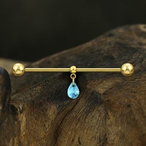 1pc- 316L Gold Pvd with Aqua zirconia crystal Teardrop Industrial Barbell