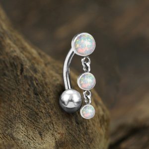 1pc- 316L steel silver Navel Bar with white opal drop