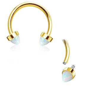 1pc- 316L PVD gold coated horseshoe with two bullet shaped synthetic white opals ends