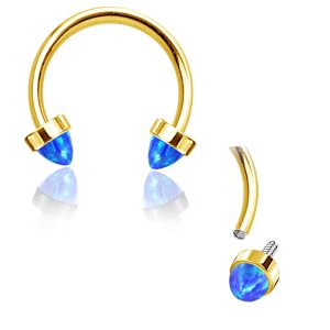 1pc- 316L PVD gold plated horseshoe with two bullet shaped synthetic blue opals