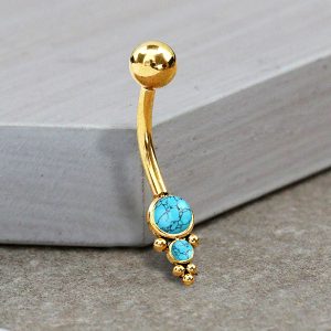 1pc- 316L Gold pvd Navel Bar with turquoise and ball clusters