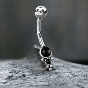 1pc- 316L steel Navel Bar with black onyx and ball clusters