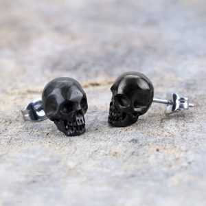 Pair- Black batik wood skull earrings