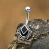 1pc- 316L 925 sterling Silver Navel Bar with Black shell
