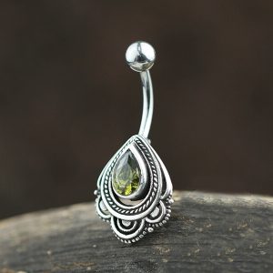 1pc- 316L steel and silver Navel Bar with Peridot