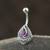1pc- 316L steel/sterling silver Navel Bar with teardrop shaped synthetic amethyst