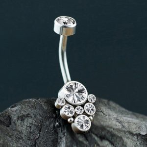 1pc- 316L steel Navel Bar with clear zirconia cluster
