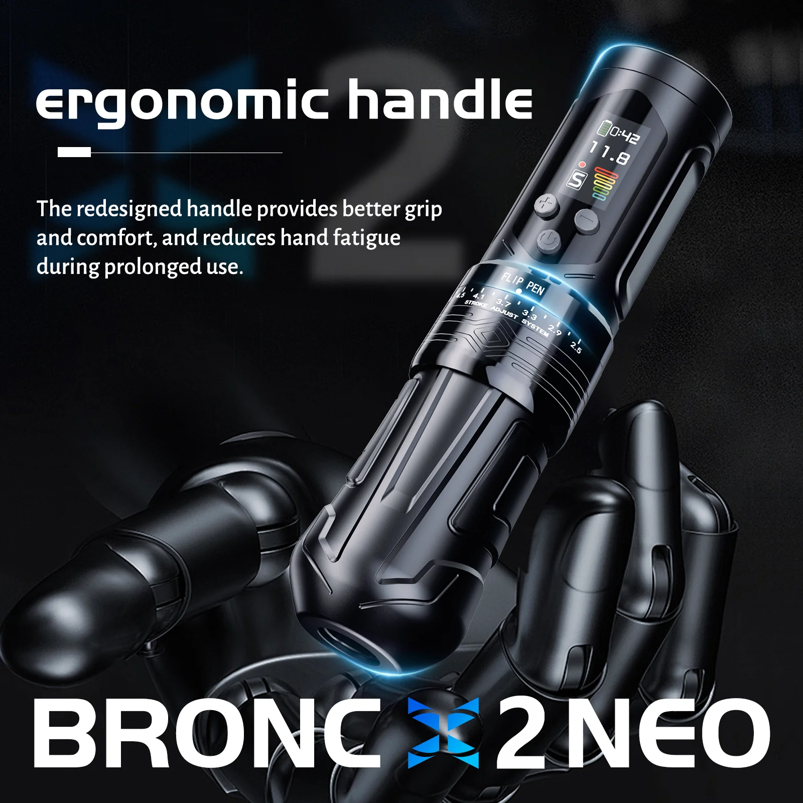 BRONC X2 NEO – Upgraded 7.1 mNM Adjustable Wireless Tattoo Pen - Image 4