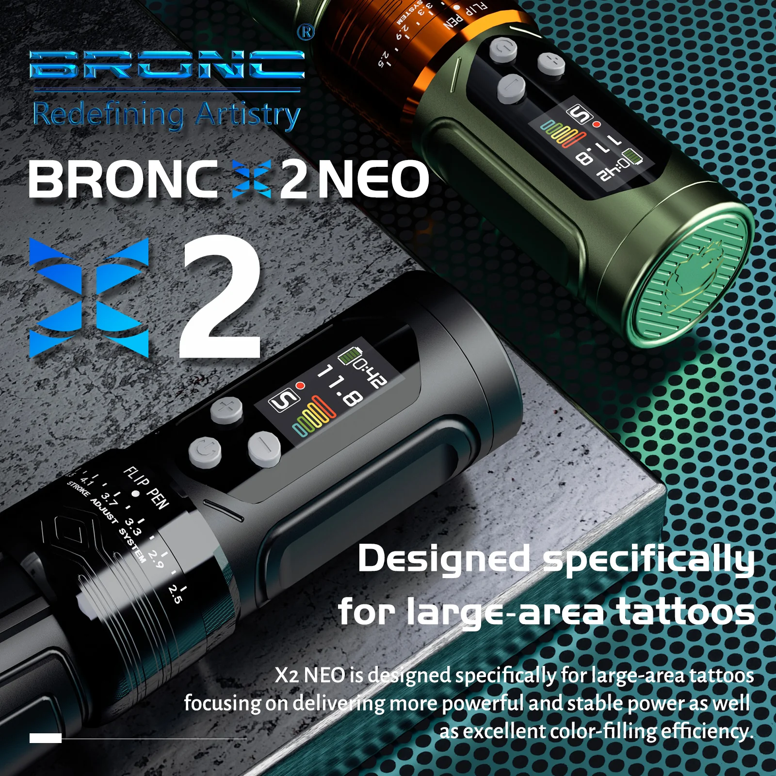 BRONC X2 NEO – Upgraded 7.1 mNM Adjustable Wireless Tattoo Pen - Image 2