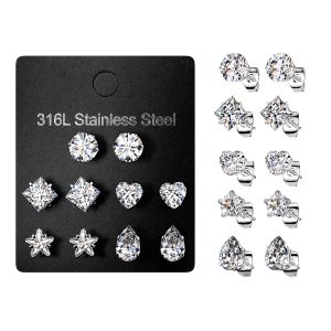 5 Pairs of 316L Surgical Steel Assorted Shape Prong Set CZ Earrings Pack
